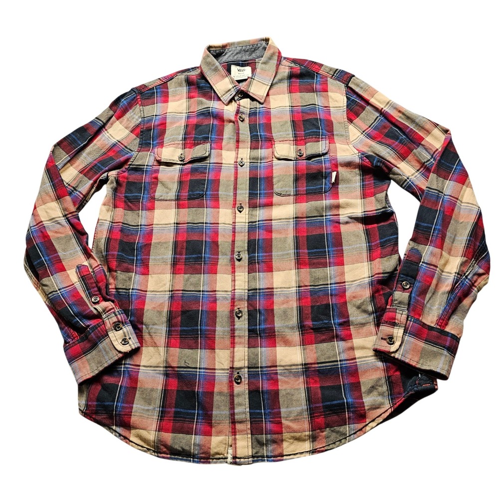 Vans Flannel Button Down Shirt Mens Medium Red Tan Plaid Classic Fit Skate 5404
